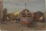 Evasio Montanella, Barche in secco, 1916, oil on compensato