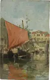 Pietro Fragiacomo, Barche in laguna, oil on tavoletta