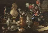 Nicola Malinconico, Natura morta con fiori in vaso, un busto di terracotta e rovine classiche, oil on canvas