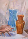 Giuseppe Fraschetti, Due caraffe e conchiglia, oil on paper applicata on cardboard