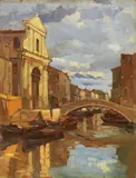 Porta dei Filippini a Chioggia by Attilio Achille Bozzato, oil on compensato, offered Feb 2022