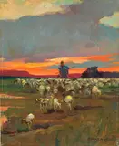 Verso l'ovile al tramonto by Renato Natali, oil on compensato, offered Feb 2022