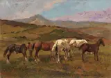 Cavalli al pascolo by Carlo Domenici, oil on cardboard, offered Feb 2022