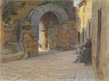 Luigi Gioli, Porta all'Arco, Volterra, oil on canvas applicata on cardboard