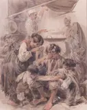 Famiglia che mangia spaghetti by Gaetano Dura, watercolour on paper, offered Feb 2022