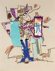 Ugo Nespolo, A testa in giù, ricamo in seta and cotone on canvas