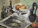 Gino Severini, Natura morta con uccelli e fruttiera con mele, 1942, oil on cardboard