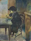 Donna seduta al tavolo by Mino Maccari, 1926, oil on cardboard, offered Dec 2021