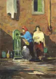 Donne alla fonte by Renato Natali, oil on faesite, offered Oct 2021