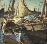 Mario Puccini, Velieri nel porto (Barche all'attracco), oil on cardboard