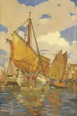 Vittore Zanetti Zilla, Velieri all'ormeggio, Chioggia, 1926, oil on panel