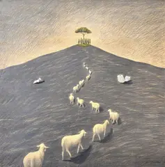 Viaggio misterioso by Lorenzo Lazzeri, 1998, grafite and oil on panel, offered Oct 2021