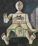 Franco Gentilini, La motocicletta, 1970, oil and collage on canvas sabbiata