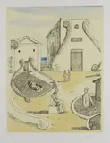 Giorgio de Chirico, Incontro nei bagni misteriosi, 1972, etching colorata a mano