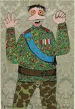 Enrico Baj, Militare, mixed media and collage on broccato teso on panel