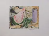 Ardengo Soffici, Vaso viola, cocomero e uva, 1963, lithograph a colori