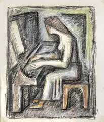 Emilio Notte, Figura al pianoforte, pastel and charcoal on paper