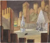 Uscita castello - Scenografia per «I cavalieri dell'illusione» by Virgilio Marchi, 1954, tempera on paper, offered May 2021