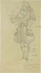 Conte Francesco Bréchard da festa - Bozzetto di costume per «Il Conte di Bréchard» by Virgilio Marchi, 1937, pencil on paper lucida, offered May 2021