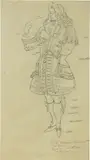 Virgilio Marchi, Conte Francesco Bréchard da festa - Bozzetto di costume per «Il Conte di Bréchard», 1937, pencil on paper lucida