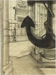 Ministero della Marina Conseil de guerre - Scenografia per «I due sergenti» by Virgilio Marchi, 1936, charcoal on paper lucida, offered May 2021