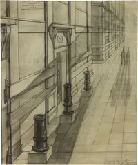 Ministero della Marina - Scenografia per «I due sergenti» by Virgilio Marchi, 1936, charcoal on paper lucida, offered May 2021