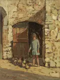 Bimba che dà da mangiare alle galline by Giovanni Lomi, oil on tavoletta, offered May 2021