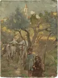 Cesare Ciani, Paesaggio con armenti (Strada nel Chianti), oil on cardboard