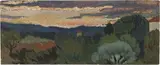 Mario Puccini, Paesaggio al tramonto, oil on tavoletta