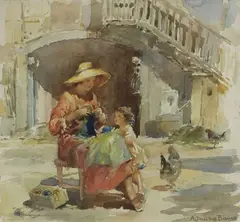Angelo Dall'Oca Bianca, Nell'aia, watercolour on paper