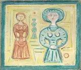 Massimo Campigli, Figure su fondo giallo, 1965, oil on canvas