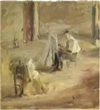 Nino Caffè, Nello studio del pittore, oil on cardboard