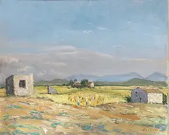 Campagna assolata by Giovanni Colacicchi, oil on compensato, offered Oct 2020
