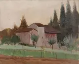 Guido Ferroni, Case con alberi, oil on canvas