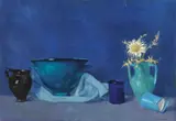 Emanuele Cavalli, Natura morta blu, 1969, oil on compensato