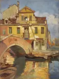 La Casa del Turco a Venezia by Attilio Achille Bozzato, oil on compensato, offered Oct 2020