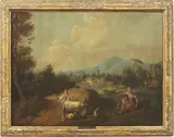 Giuseppe Zais, «Paesaggio fluviale con pellegrini» e «Scena pastorale con armenti», oil on canvas