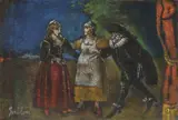 Franco Gentilini, Isabella, Rosetta e Signor Graziano, 1977, oil on cardboard sabbiato applicato on canvas