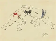 Lottatori by Franco Gentilini, ink and mixed media on paper applicata on card, offered Nov 2019