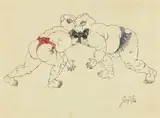 Franco Gentilini, Lottatori, ink and mixed media on paper applicata on card