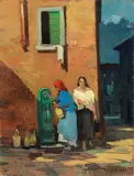 Donne alla fontana by Renato Natali, oil on faesite, offered Oct 2019