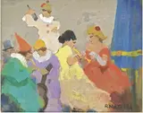 Due dipinti raffiguranti «Maschere» by Renato Natali, oil on faesite, offered Oct 2019