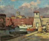 La Darsena Medicea by Renato Natali, oil on faesite, offered Oct 2019