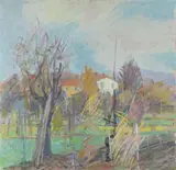 Quinto Martini, Paesaggio a Seano con case, oil and tempera on cardboard