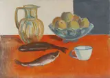 Quinto Martini, Natura morta con brocca, pesci e frutta, oil on canvas board