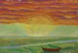 Benvenuto Benvenuti, Barca al tramonto, oil on cardboard
