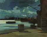 Sera al porto by Renato Natali, oil on compensato, offered Apr 2019