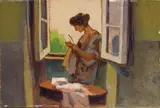Donna alla finestra by Carlo Domenici, oil on tavoletta, offered Apr 2019