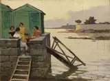Vita balneare (I Bagni Roma) by Cafiero Filippelli, oil on compensato, offered Apr 2019