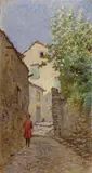 Guglielmo Micheli, Scorcio di paese con figura, oil on tavoletta